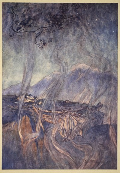 ブランヒルデの眠り、1910年の「ラインゴールドとヴァルキリー」のイラスト 作： Arthur Rackham